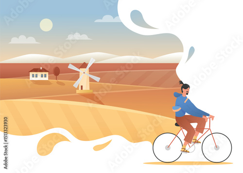 Autumn travel countryside vacation concept vector illustration. Cartoon man hipster cyclist traveling, riding bicycle bike for tour to village, healthy sport lifestyle and weekend adventure background