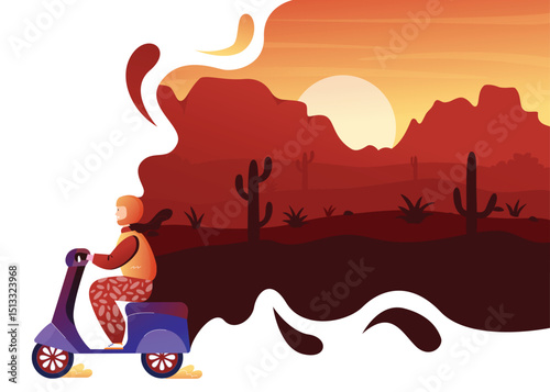 Desert wild nature adventure travel concept vector illustration. Cartoon traveller man drives scooter for discovery deserted rocky lands with cactuses at sunset, wilderness dry landscape background