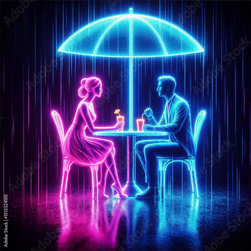 A neon-style illustration depicting a man and a woman on a date in an outdoor cafe during the rain. Vector graphics. EPS.	