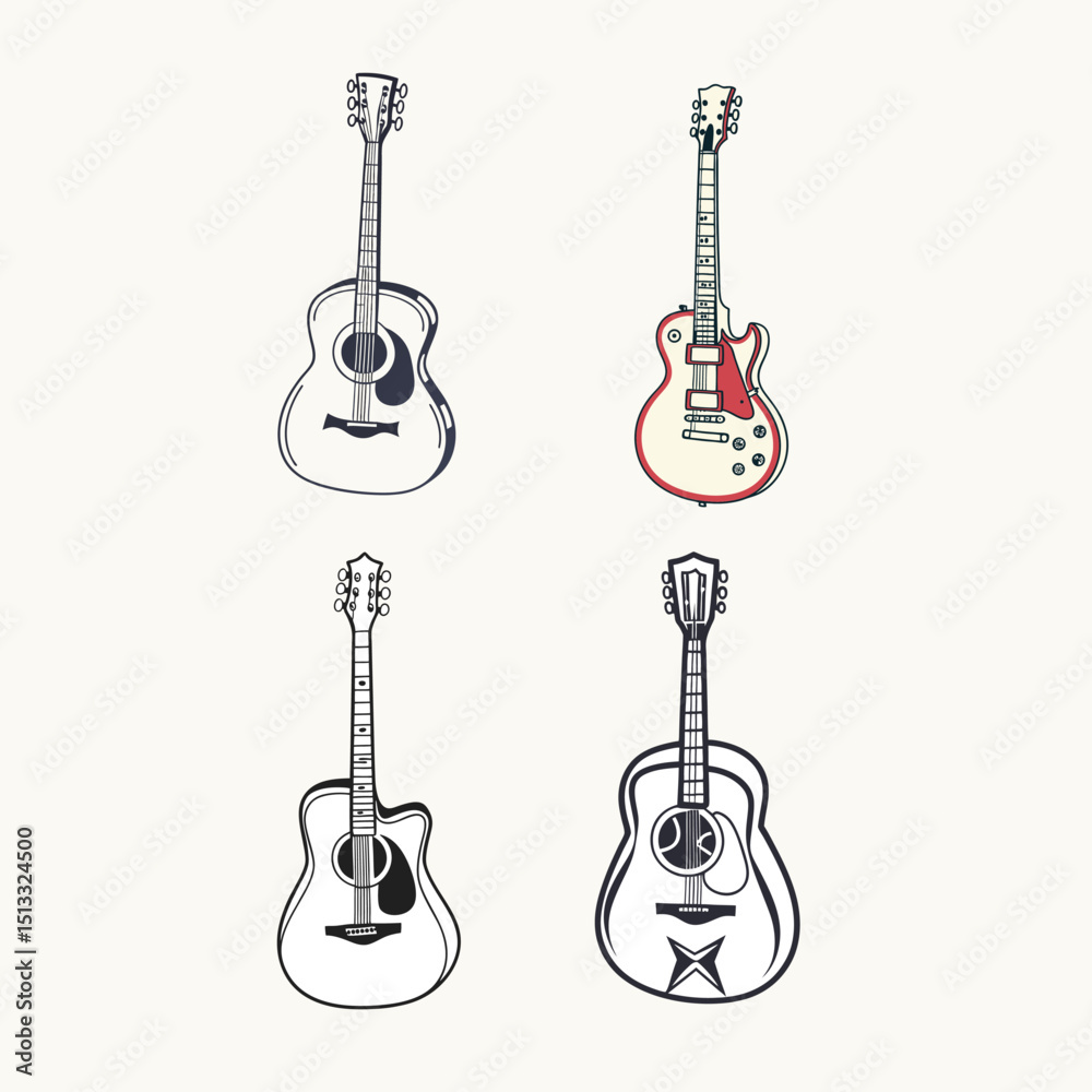 Naklejka premium Guitar icon set vector on white background, guitar logo, guitar design, Adobe Illustrator Artwork