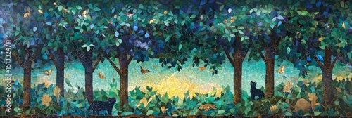 Watercolor painting of trees with green leaves and a bright light in background.