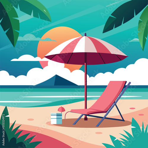 Tropical Beach Scene with Lounge Chair Umbrella and Palm Trees Illustration