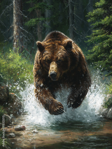 Powerful Grizzly Bear Running Through a Forest Stream in Motion

