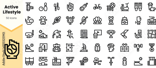 A collection of black icons representing an active lifestyle, featuring sports, fitness, and outdoor activities, emphasizing health and well-being.