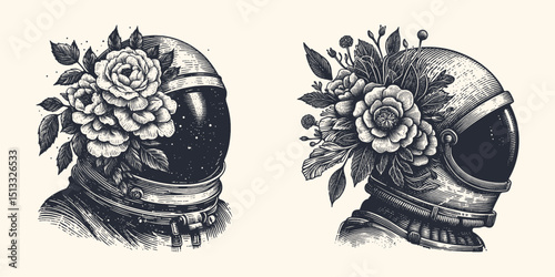 Vintage Engraving Style Illustration of Astronaut in Floral Helmet – Retro Space Art, Woodcut Design, Surreal Sci-Fi Botanical Print, Detailed Line Art Drawing