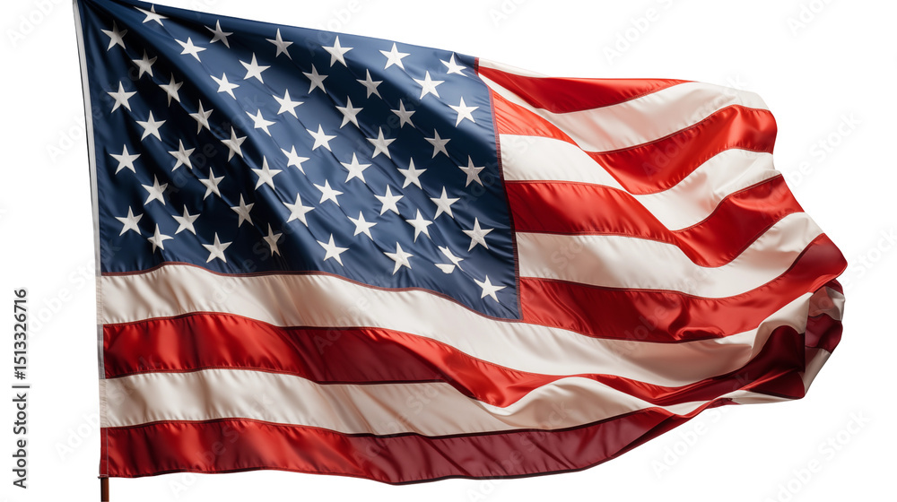 Obraz premium Proud American flag heritage, stars stripes waving, patriotic wind movement, independence day USA symbol, isolated on transparent background.