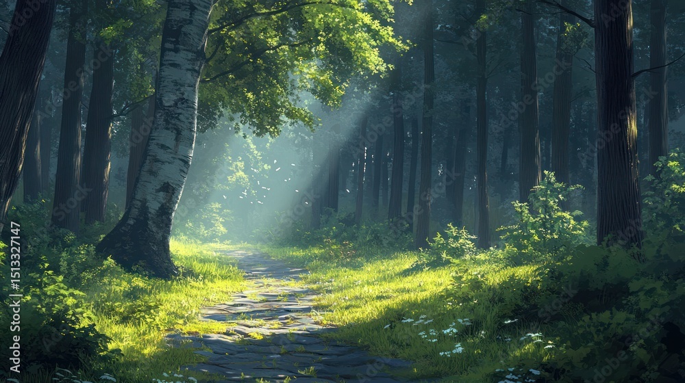 Fototapeta premium Enchanted Forest Path: Sunlit Rays and Tranquil Woodland Scenery