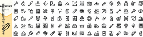 A collection of sleek, minimalist adventure-themed icons in black , showcasing activities like hiking, camping, and traveling, suitable for various design projects.