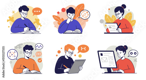 Six Illustrations of People Studying and Working with Thought Bubbles