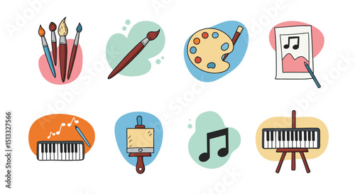 Artistic and Musical Tools Brushes Palette Painting Keyboard and Music Note