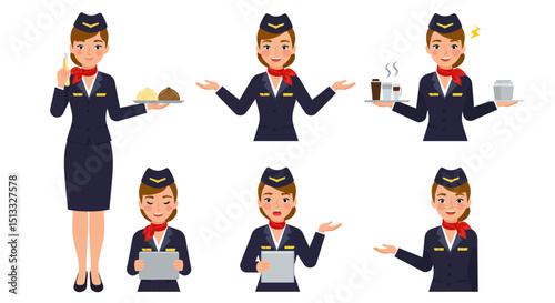 Cartoon Air Hostess in Various Poses and Actions