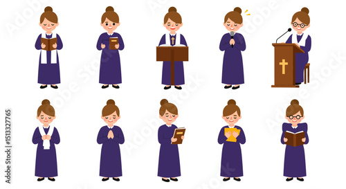 Cartoon women in purple robes in various poses