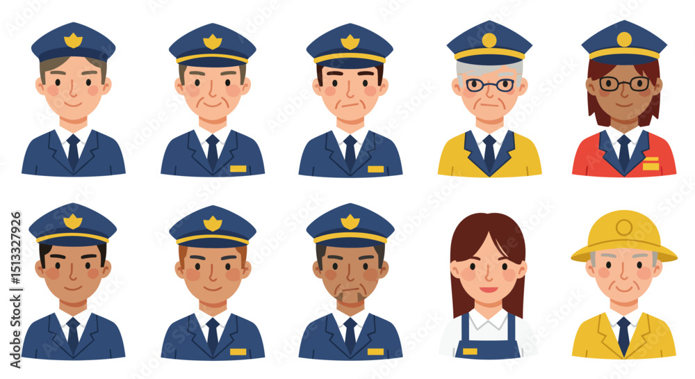 Diverse Cartoon People Police Officers Firefighter and Worker Avatars Diverse Cartoon People Police Officers Firefighter and Worker Avatars