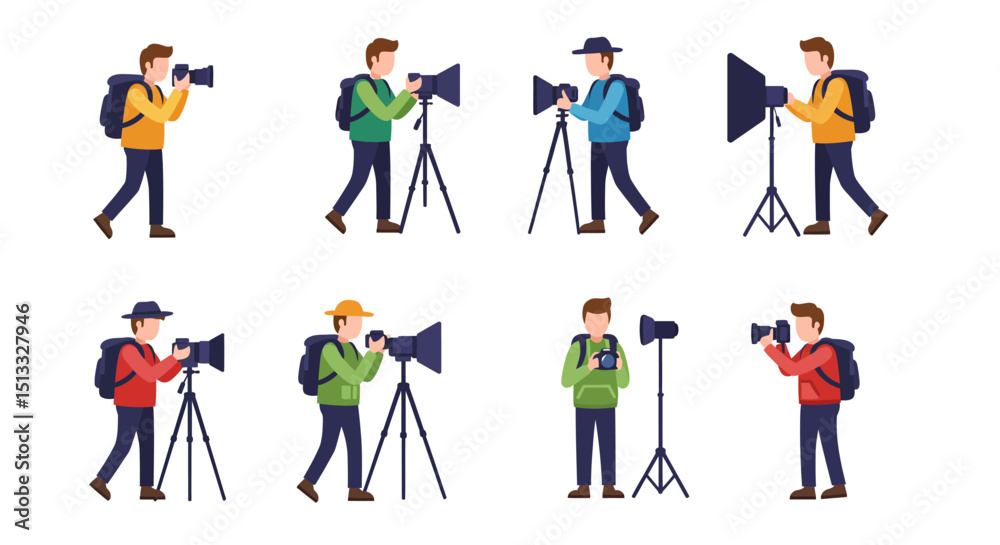 Fototapeta premium Eight Cartoon Photographers with Cameras Tripods and Backpacks in Various Poses
