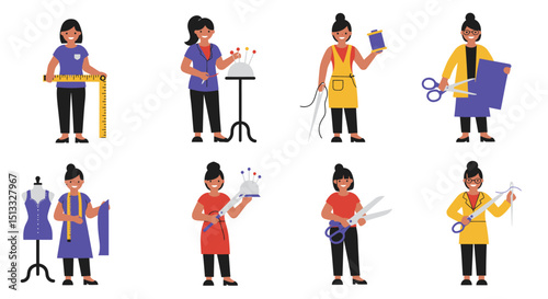 Eight illustrations of women engaged in various sewing and tailoring activities