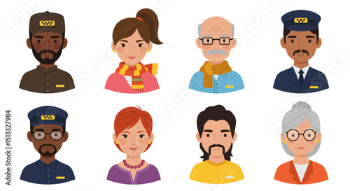 Diverse Group of Illustrated People Including Taxi Drivers and Others