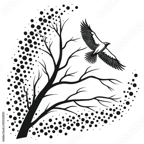 Bird taking flight from bare tree branches