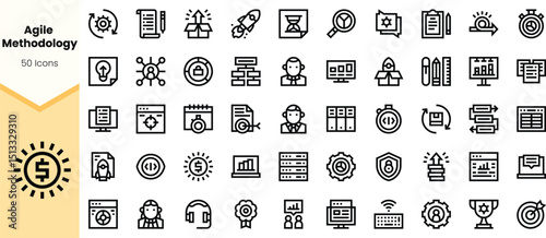 A collection of icons related to agile methodology, featuring various elements such as checklists, timers, charts, and teamwork, all in a sleek black line art style.