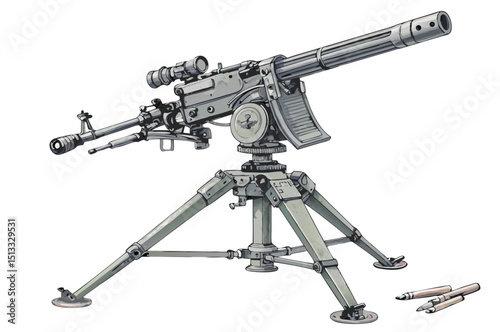 stationary anti-aircraft weapon with tripod base, clean line vector on white background
