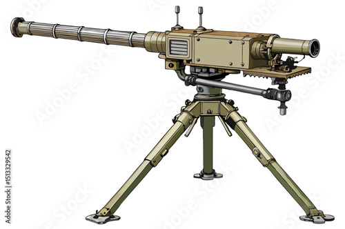 stationary anti-aircraft weapon with tripod base, clean line vector on white background

