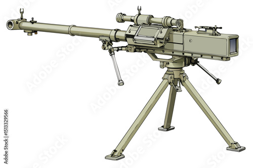 stationary anti-aircraft weapon with tripod base, clean line vector on white background
