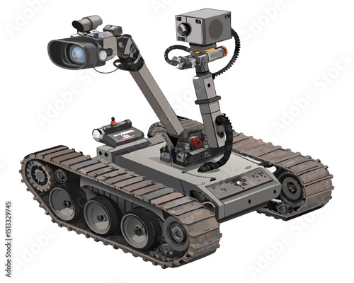 robotic EOD unit with camera arm and tracks, simplified vector isolated on white
