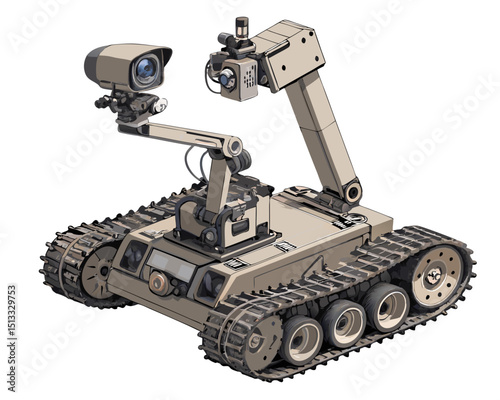 robotic EOD unit with camera arm and tracks, simplified vector isolated on white
