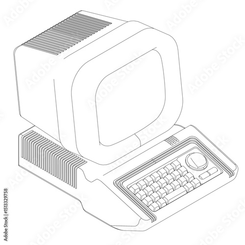 A retro computer with a keyboard and a monitor. The computer is old and has a black and white screen. Isometric view