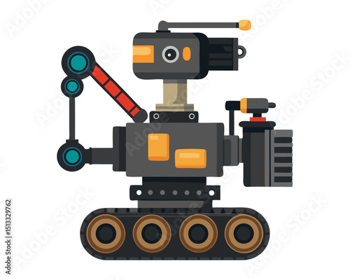 robotic EOD unit with camera arm and tracks, simplified vector isolated on white
