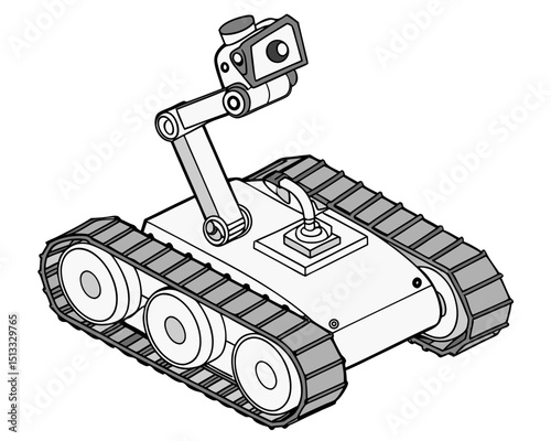 robotic EOD unit with camera arm and tracks, simplified vector isolated on white
