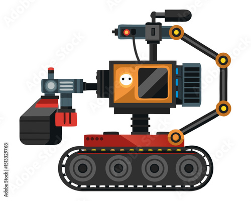 robotic EOD unit with camera arm and tracks, simplified vector isolated on white
