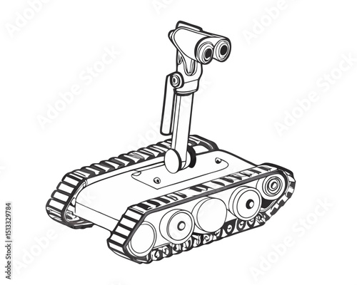 robotic EOD unit with camera arm and tracks, simplified vector isolated on white
