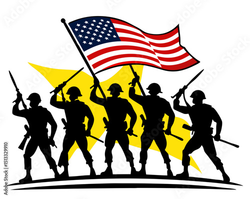 patriotic scene of soldiers raising national flag in teamwork pose, vector style on white
