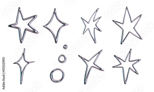 Glossy Chrome Star Outline and Ring. A stylized collection of eight chrome outline elements including warped stars diamond bursts rings and radiant sparks Perfect for fantasy branding y2k graphics