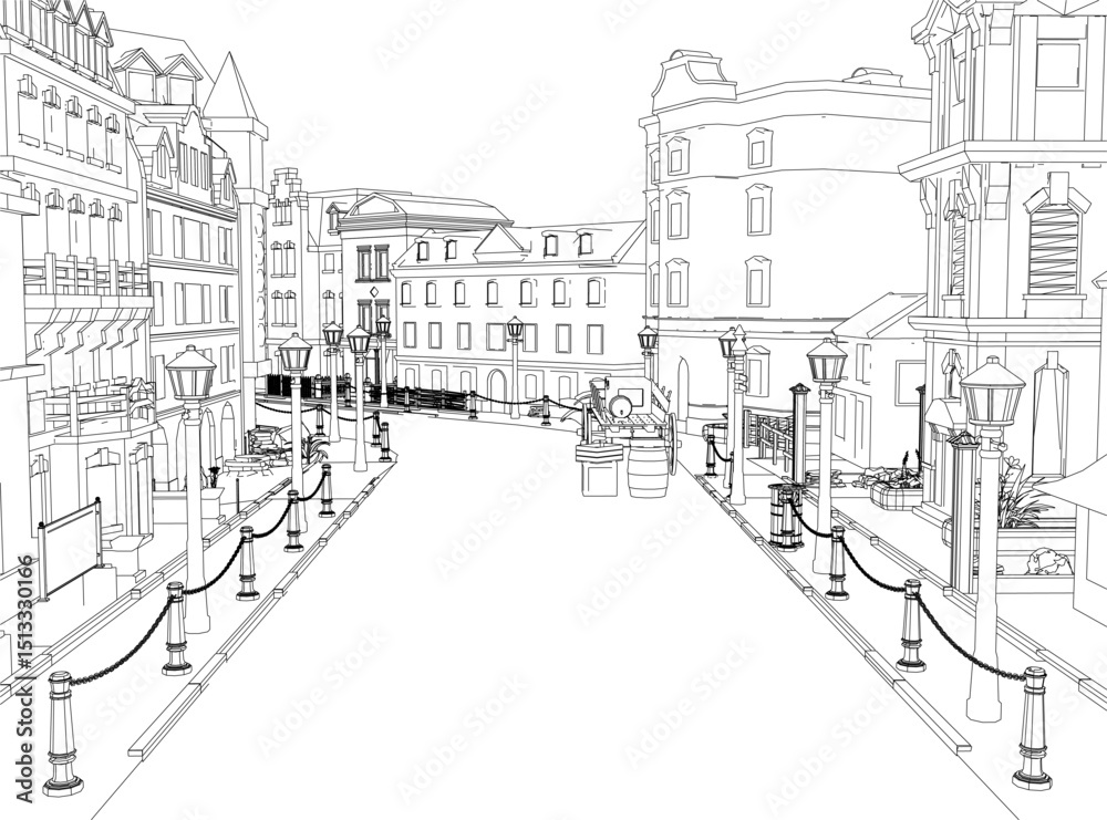 Obraz premium A street scene with a white background and a black and white drawing of a city street. The street is empty and has a sense of calmness