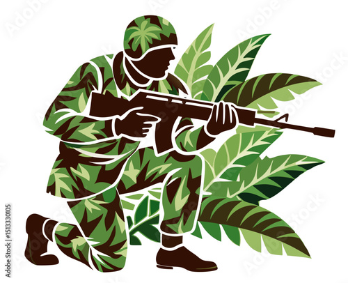 soldier crouching in foliage with tropical camo, rifle at ready, clean vector on white
