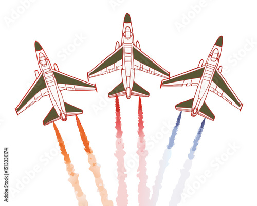 three jets flying in tight formation with vapor trails, vector line art on white background
