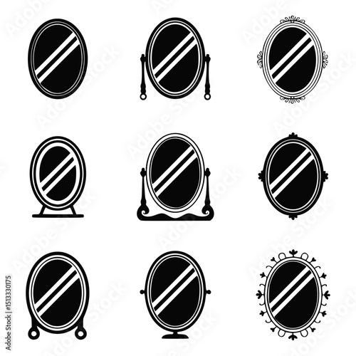 Nine oval mirror icons set isolated on transparent background