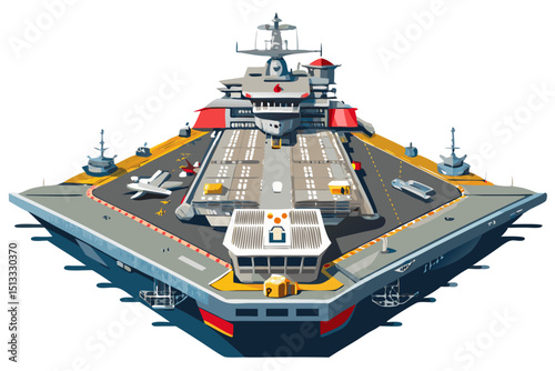 carrier top view with fighter jets and deck crew, detailed vector on white background
