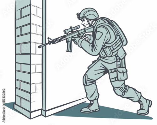 vector of soldier taking cover behind building corner, rifle ready, isolated on white
