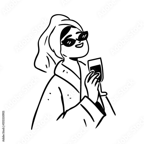Bachelorette with a drink clipart, girls night party hand drawn outline illustration, woman in spa doodle