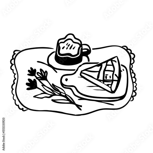 Doodle picnic composition with coffee, bakery, flowers. Morning breakfast concept.