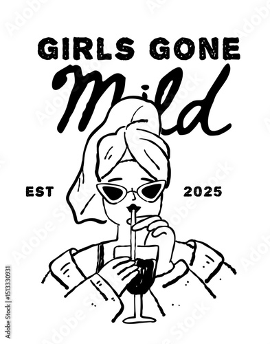 Bachelorette and bridesmaids tshirt print design, hand drawn outline illustration isolated