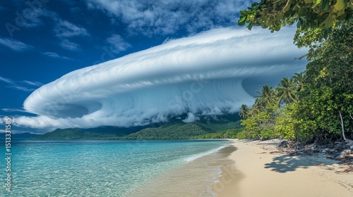 Tropical beach with turquoise water sand and unusual cloud formation over distant land.