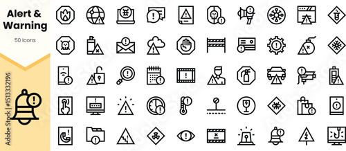 A collection of minimalist alert and warning icons in a monochrome style, featuring symbols such as bells, hazard signs, and warning labels, suitable for various applications.