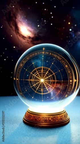 Ethereal crystal ball displaying the night sky and constellations with mystic gold compass design, destiny, astrology