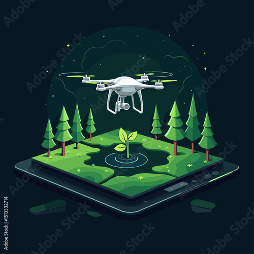 Drone Technology for Reforestation: A Vector Illustration of Technological Innovation in Planting Trees in Deforested Areas. Digital Forestry Solution for a Greener World. Tech-Driven Conservation.