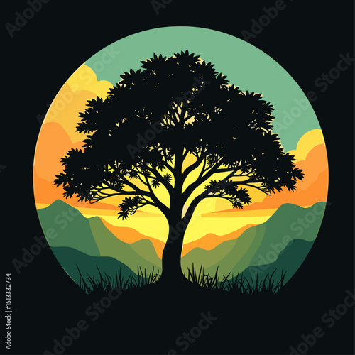 Biodiversity Tree Vector: Bold Silhouette Graphic of Ecosystem. Modern Vector Tree Design with Colorful Sky. Symbol of Forests, Nature Conservation Illustration. Impactful Tree Art for World Forestry