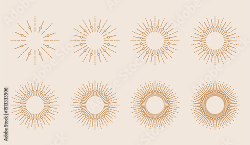 Line modern round sun, starburst, gold rays. Minimalist bohemian fireworks, beams, explosion design