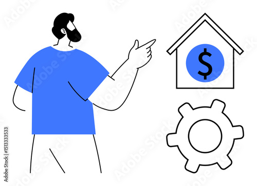 Bearded man gesturing toward a house with dollar insignia, accompanied by a gear. Ideal for finance, budgeting, investment, business strategy, housing market, wealth management decision-making. Flat
